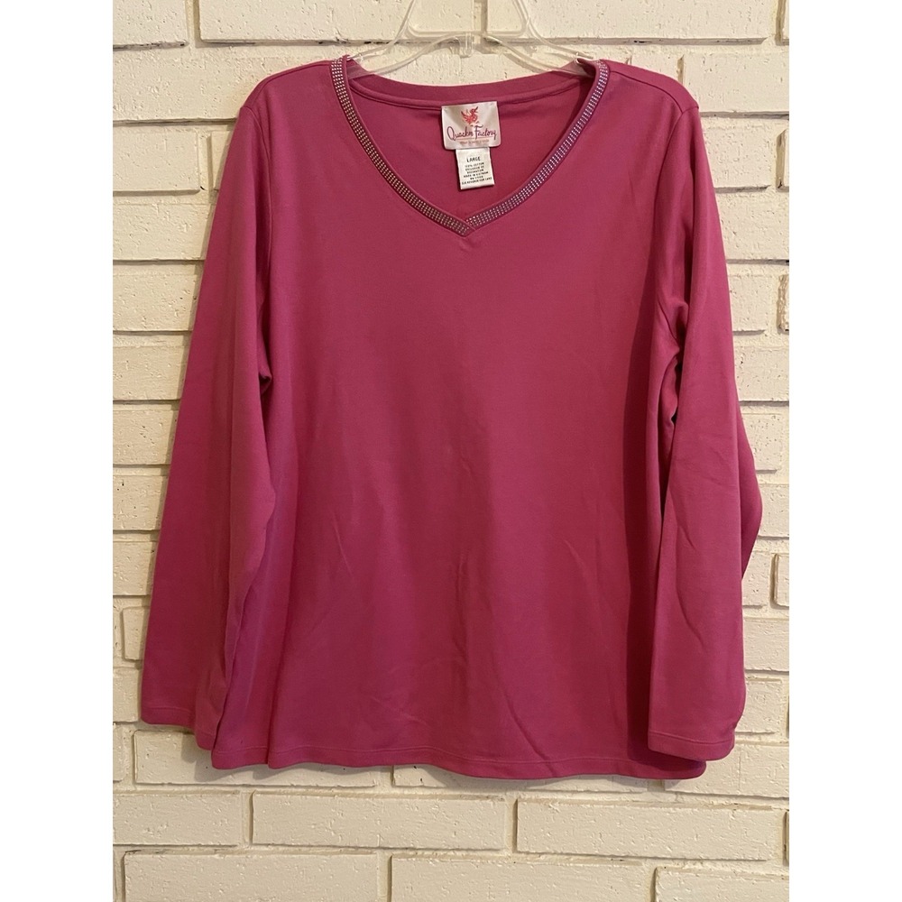 Quacker Factory Women's  Sz. Lg Long‎ Sleeve Shirt w/Rhinestone Neckline Pink
